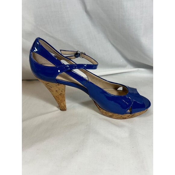 Franco Sarto Sulu Blue Patent Peep Toe Cork Heels Ankle Strap Shoes Women 8 - Picture 4 of 12